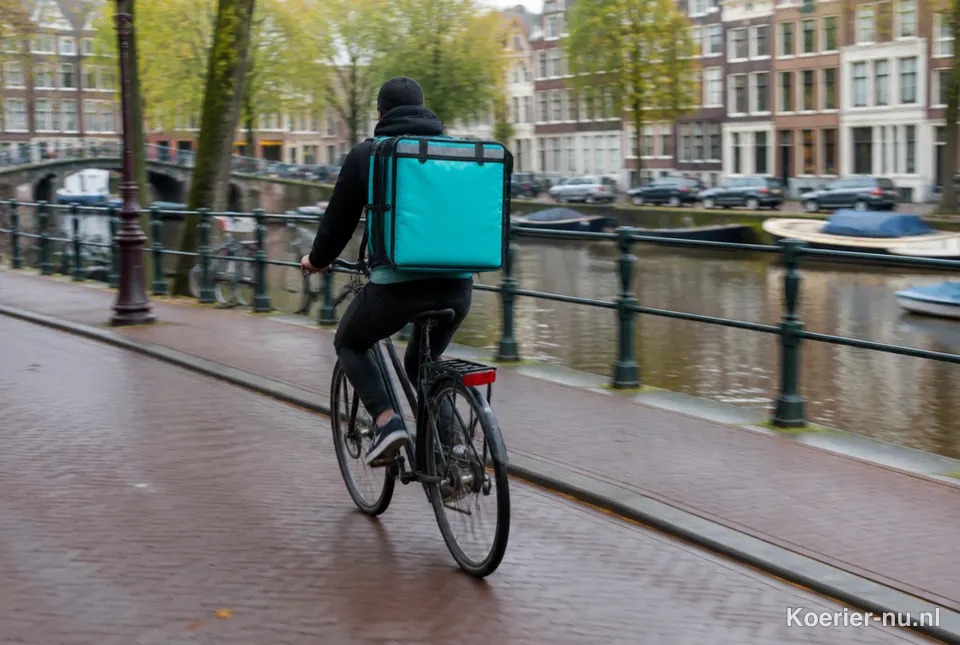 Fietskoerier met tas fietst door een Nederlandse stad